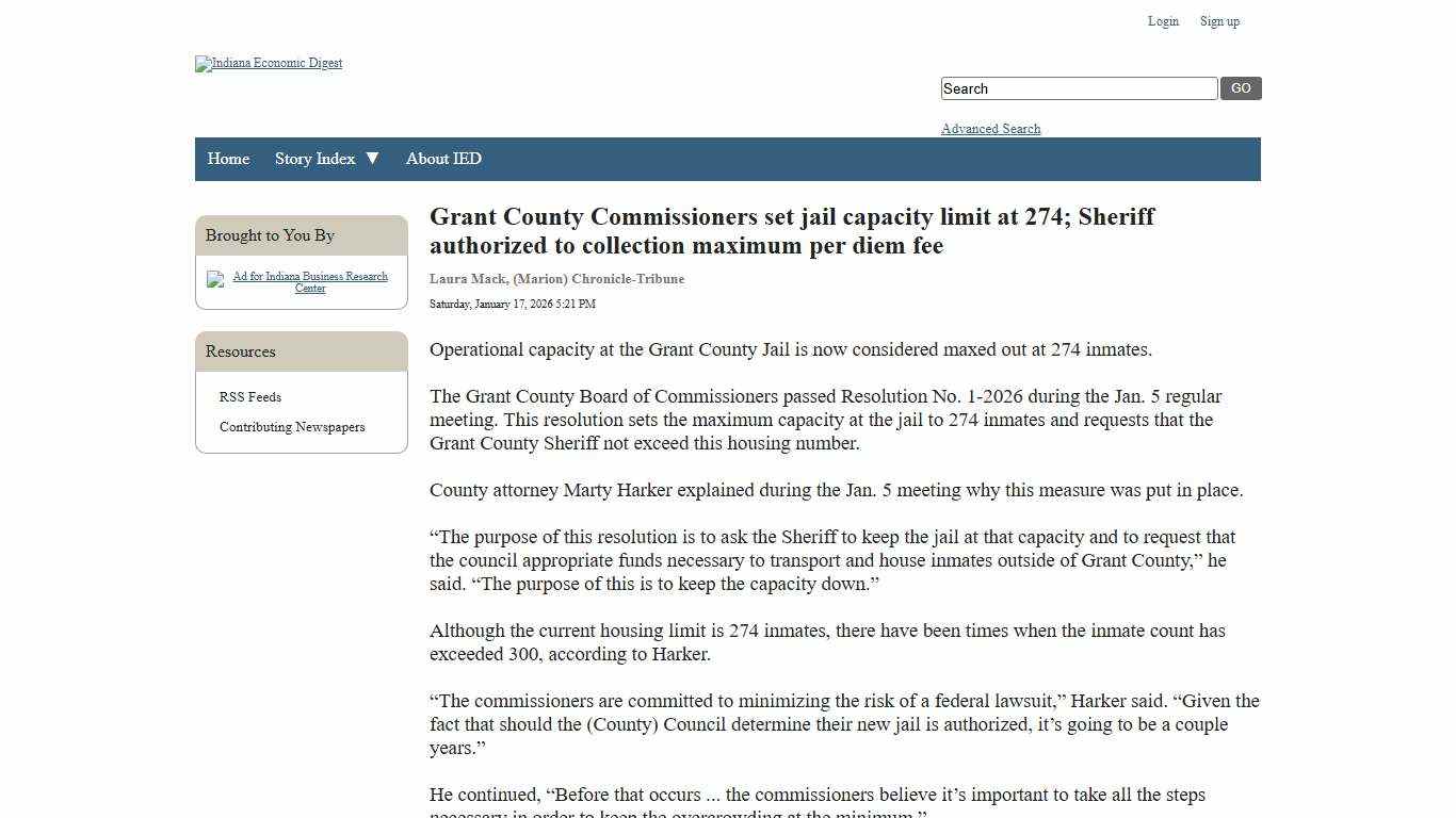 Grant County Commissioners set jail capacity limit at 274; Sheriff authorized to collection maximum per diem fee - Indiana Economic Digest