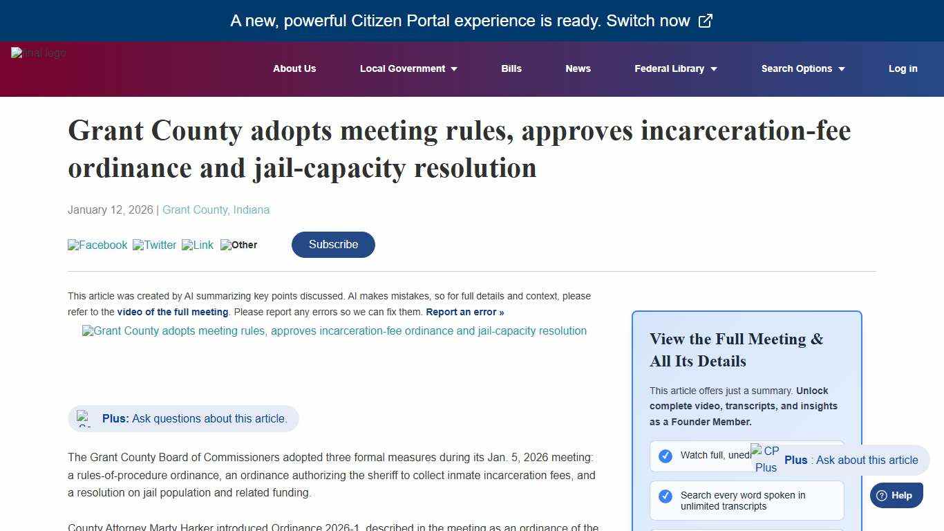 CitizenPortal.ai - Grant County adopts meeting rules, approves incarceration-fee ordinance and jail-capacity resolution